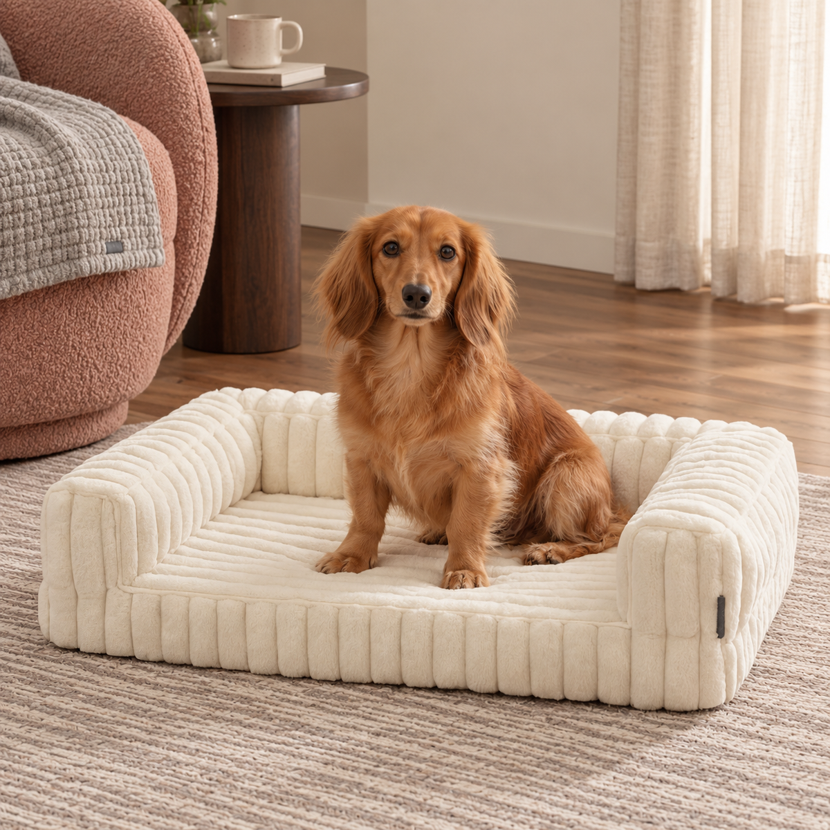 Longhaired dachshund sitting on a white ribbed dog sofa bed