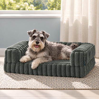 Miniature schnauzer resting on a green dog bed beside a window