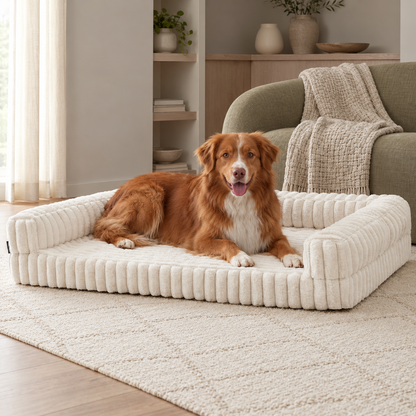 Duck Tolling Retriever resting on a white ribbed dog sofa bed