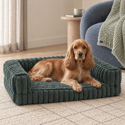 Cocker Spaniel resting on a green ribbed dog sofa bed