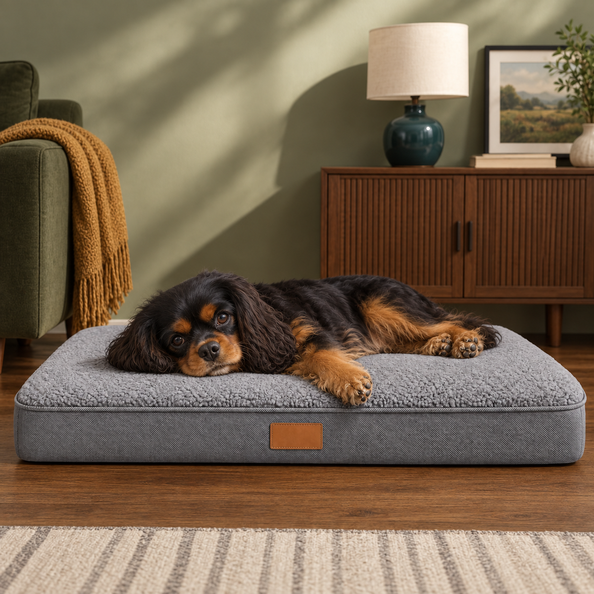 Cavalier resting on a grey dog mattress in a living room