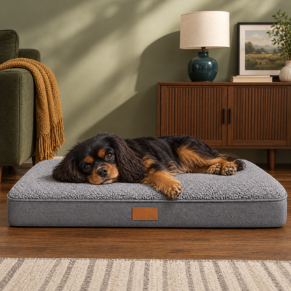 Cavalier resting on a grey dog mattress in a living room