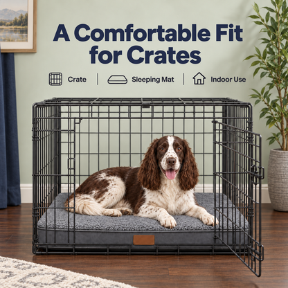 Dog mattress fitted inside a wire crate