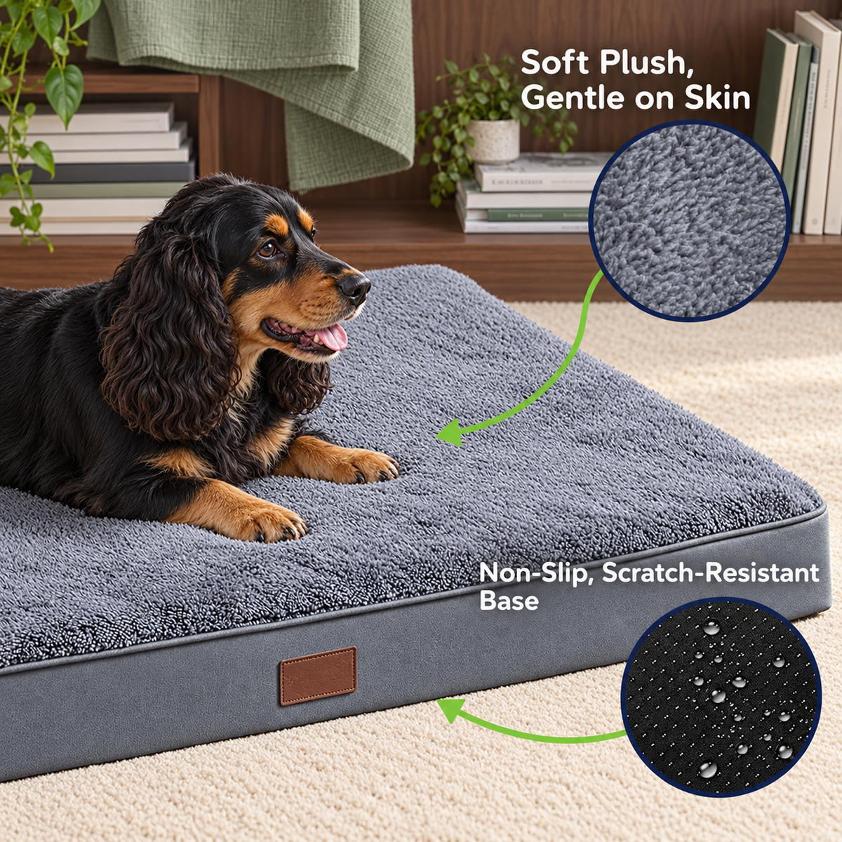 Plush sleeping surface and non-slip base close-ups