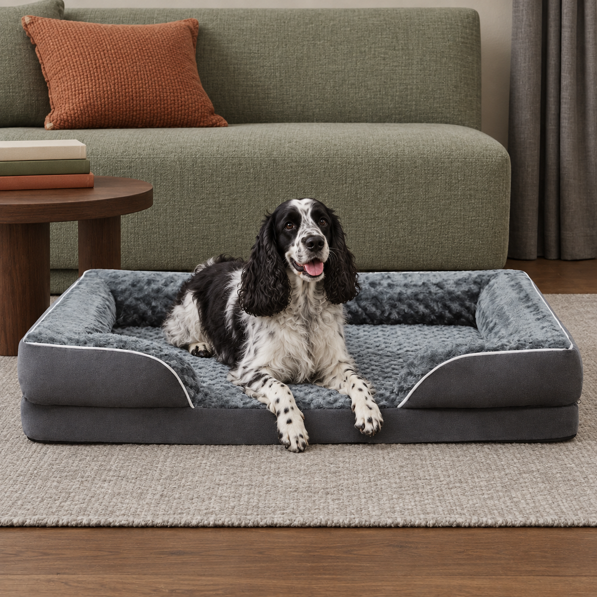 Spaniel resting on a dark grey orthopaedic bolster bed in a living room