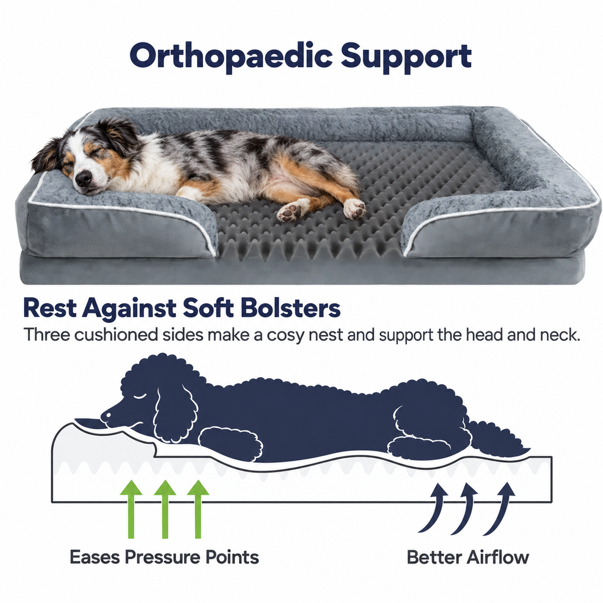 Egg-crate foam and raised bolsters supporting a resting dog