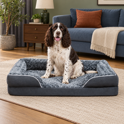 Spaniel sitting upright on a dark grey bolster dog bed