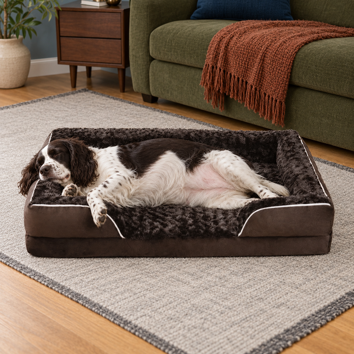 Spaniel sleeping on its side on a brown bolster dog bed