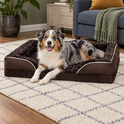 Australian Shepherd resting with paws over a brown bed entrance