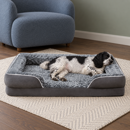 Spaniel asleep on a dark grey dog bed