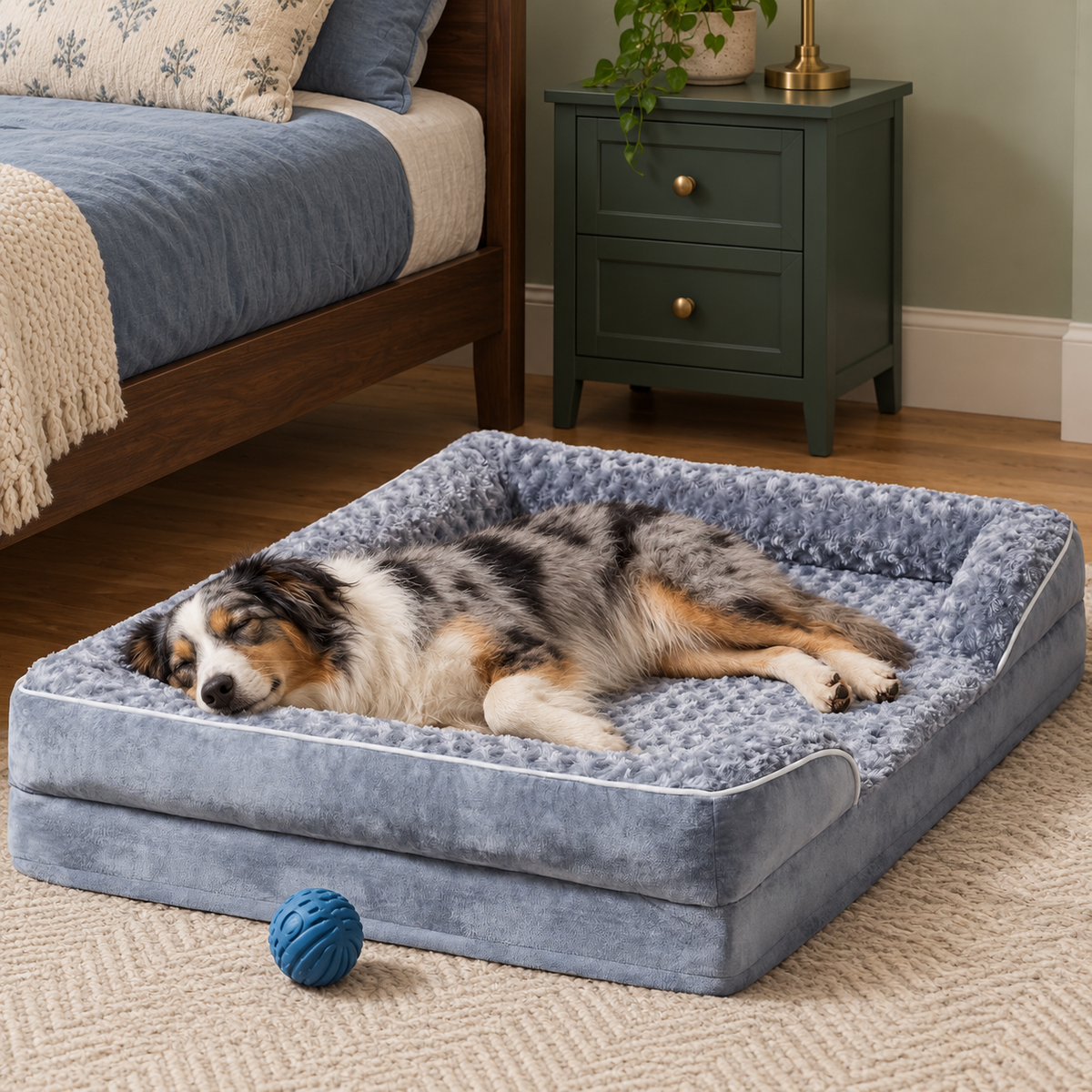 Australian Shepherd sleeping on a light grey bolster bed beside a bed