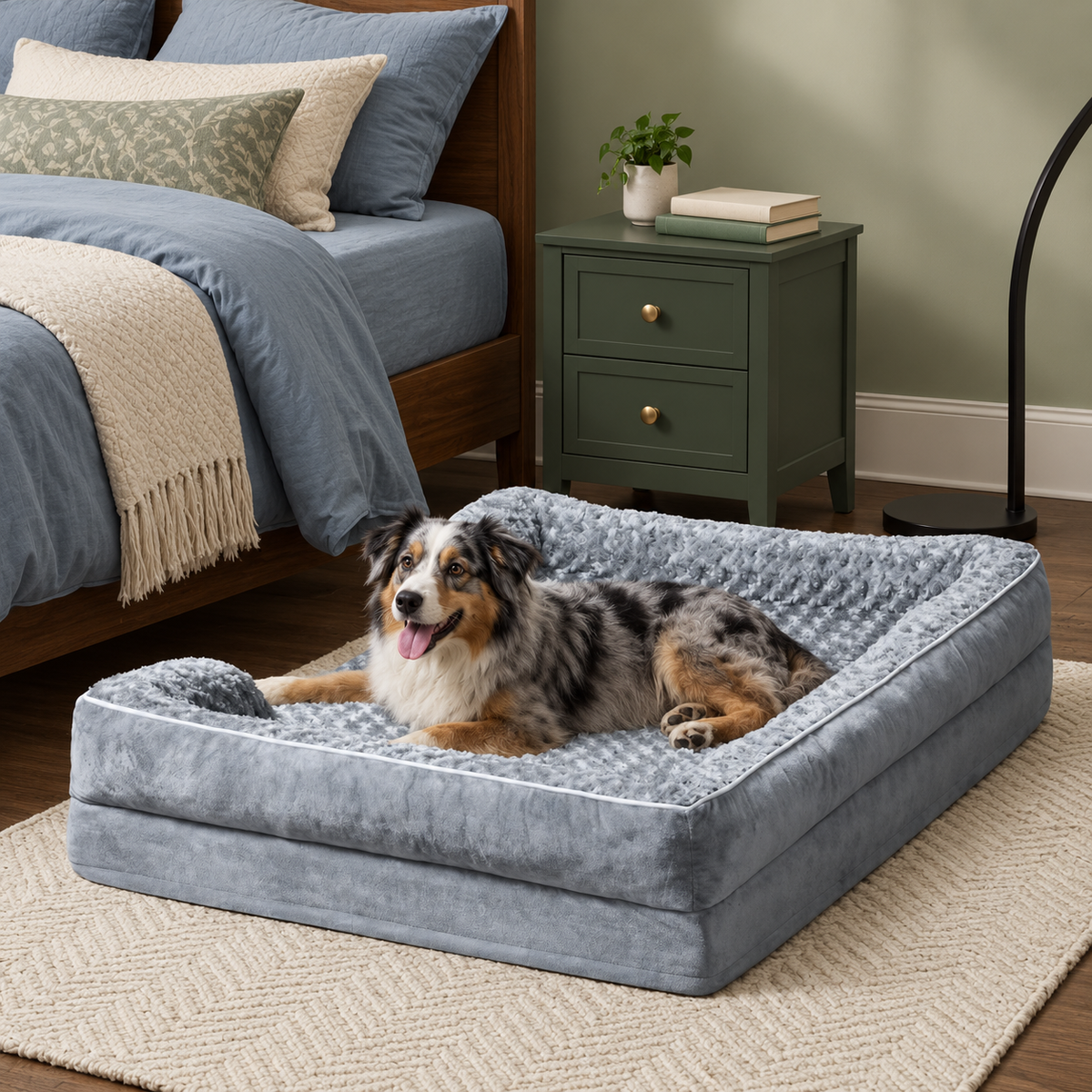 Australian Shepherd resting on a light grey dog bed in a bedroom