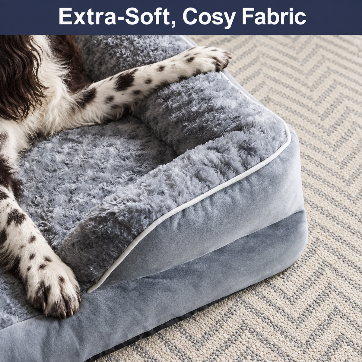 Close-up of soft grey plush and velvet around the bed corner