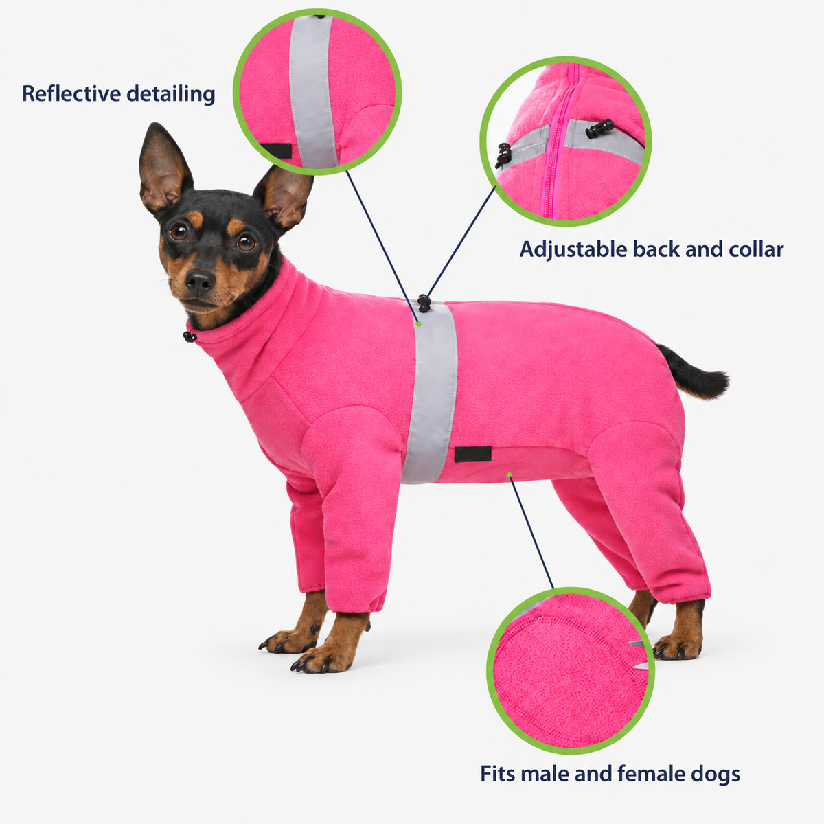 Dark pink fleece dog jumpsuit showing reflective detailing, adjustable back and collar, and trimmable belly panel.