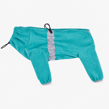 Teal fleece jumpsuit with adjustable neck and chest drawstrings
