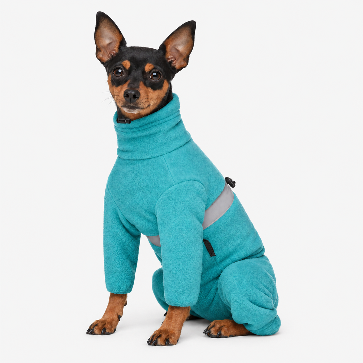 Light blue fleece dog jumpsuit worn by a seated Miniature Pinscher, front view showing the collar and reflective band.