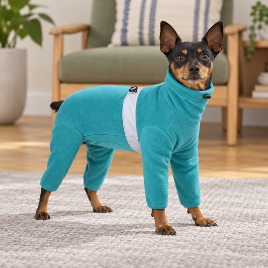 Light blue fleece dog jumpsuit worn by a standing Miniature Pinscher in a living room.