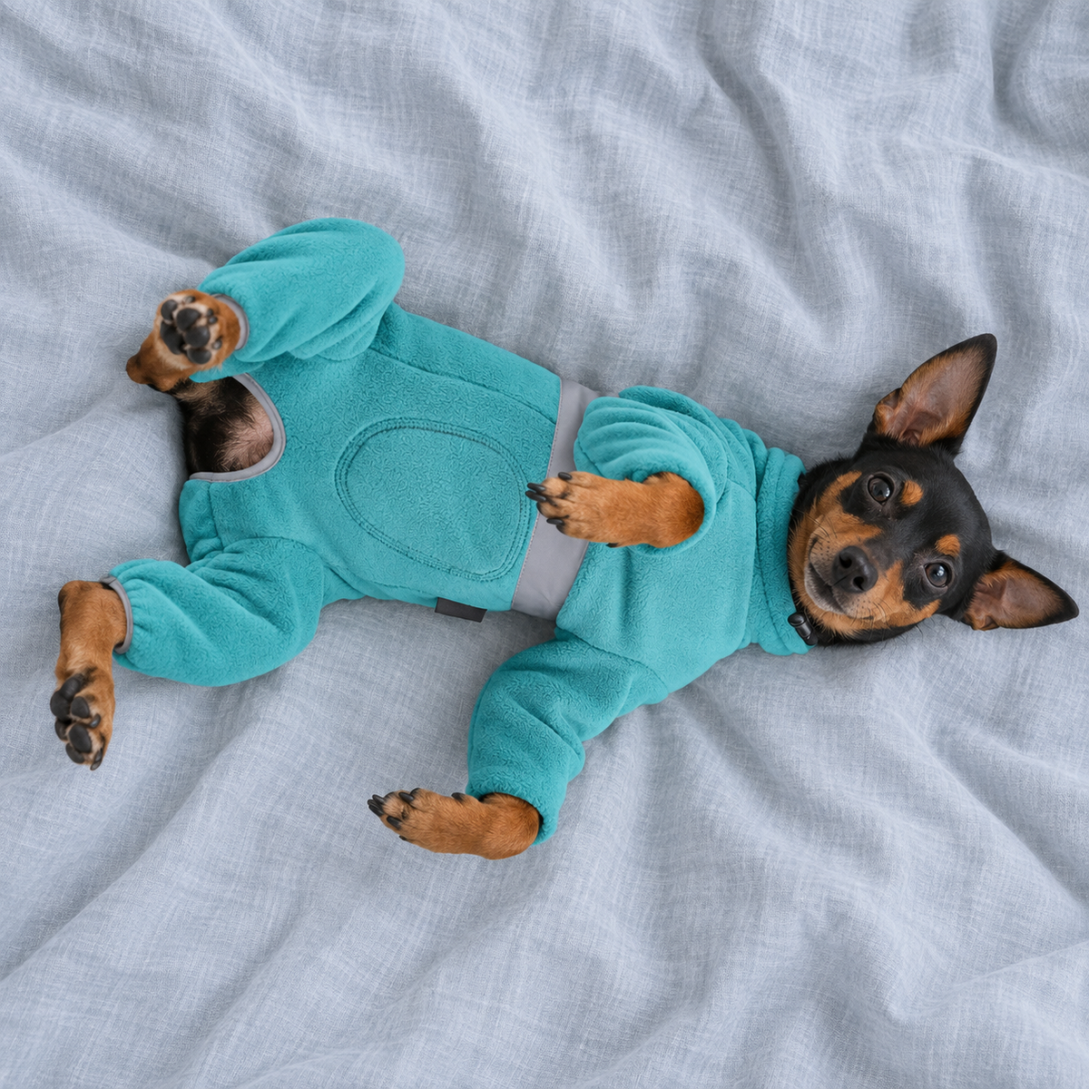 Light blue fleece dog jumpsuit belly view showing the uncut stitched trimming panel on a Miniature Pinscher lying on its back.