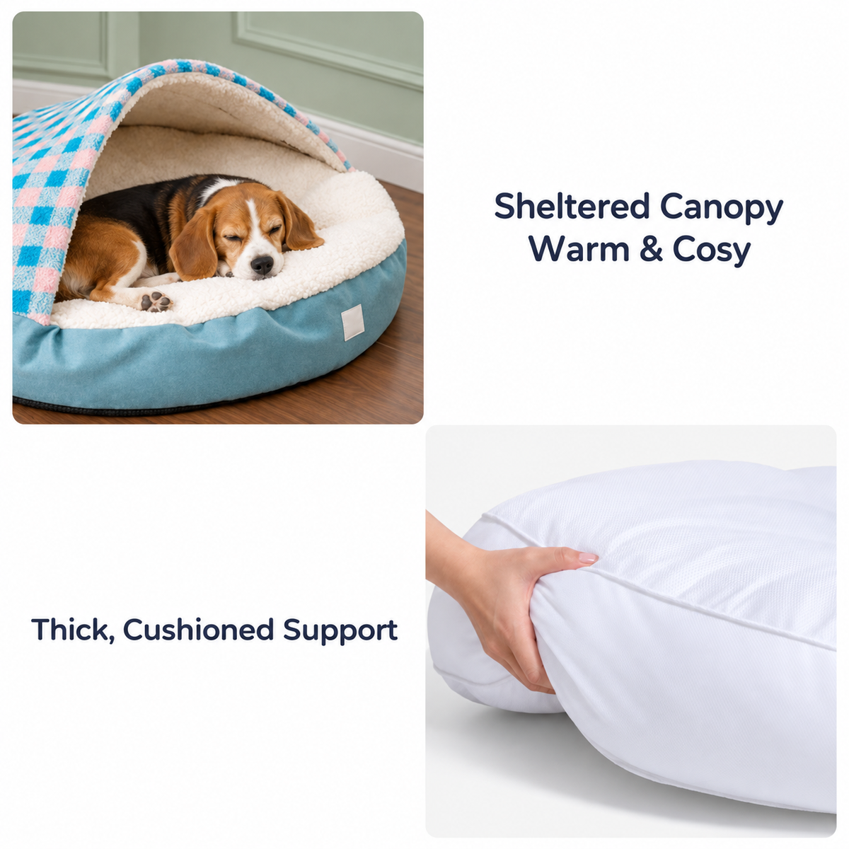 Canopy dog bed fabric and comfort details