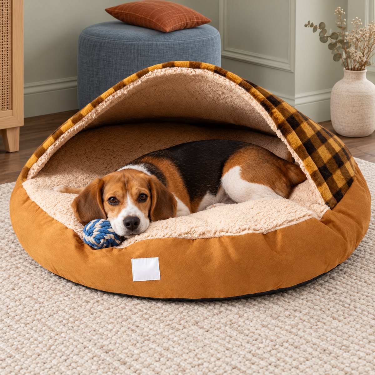 Round checked canopy dog bed in a living room