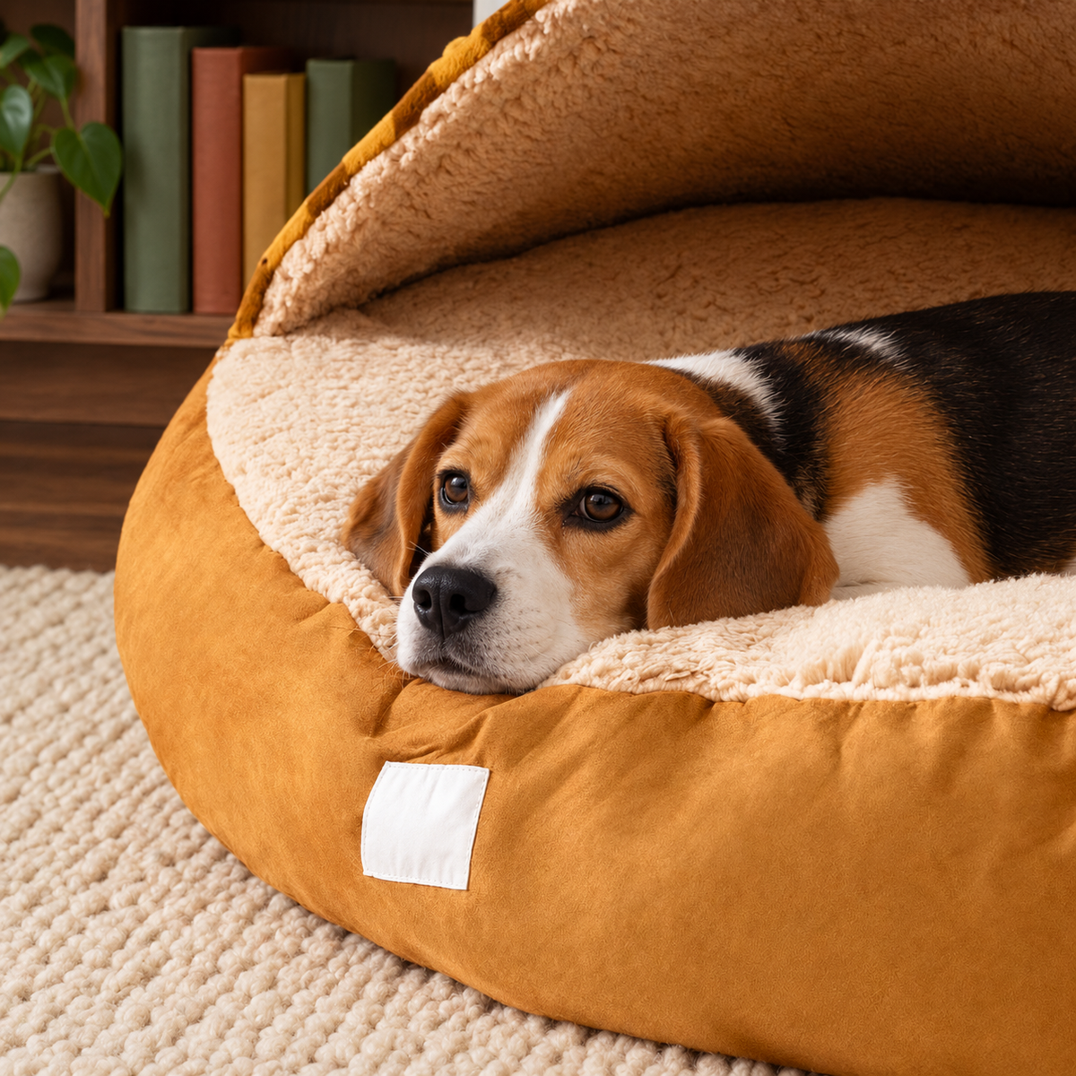 Round checked canopy dog bed in a living room