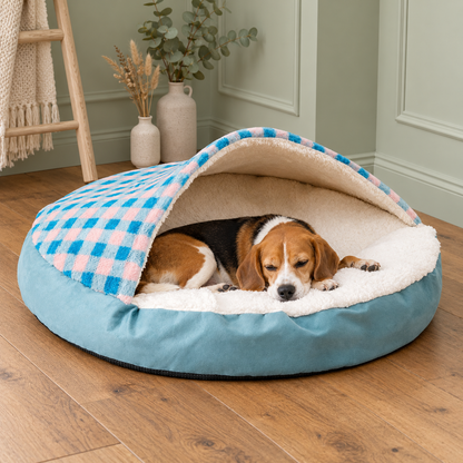 Round checked canopy dog bed in a living room