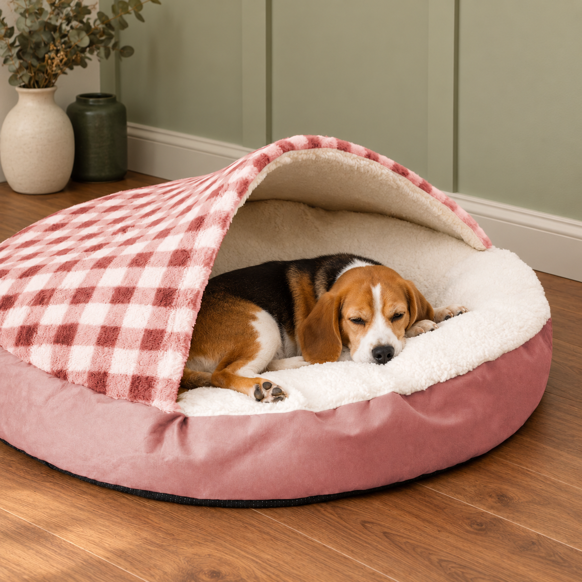 Round checked canopy dog bed in a living room