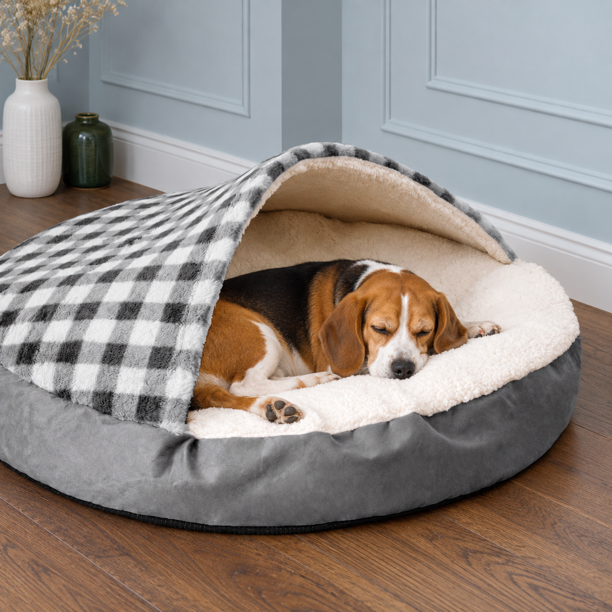 Round checked canopy dog bed in a living room