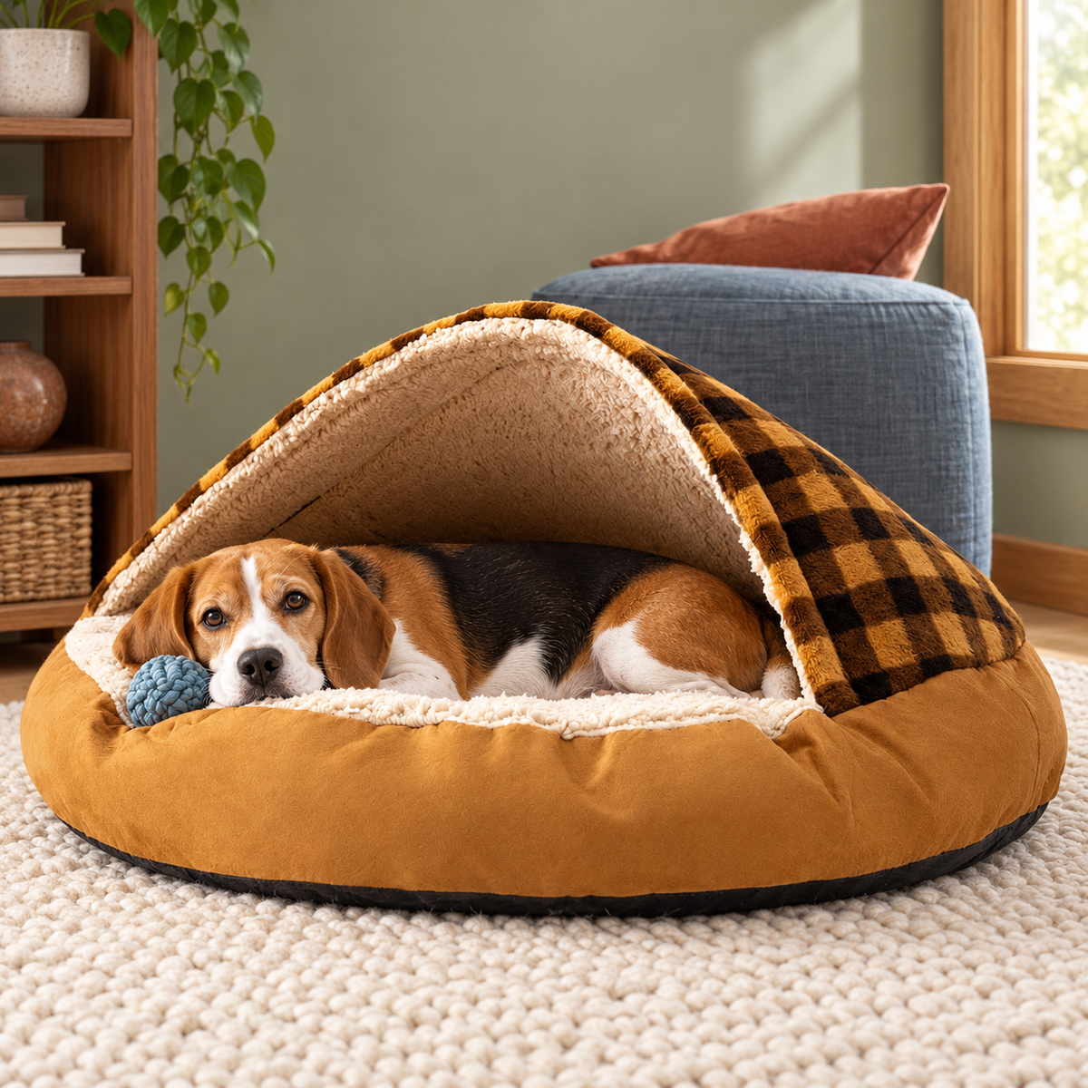 Brown checked canopy dog bed with a resting Beagle