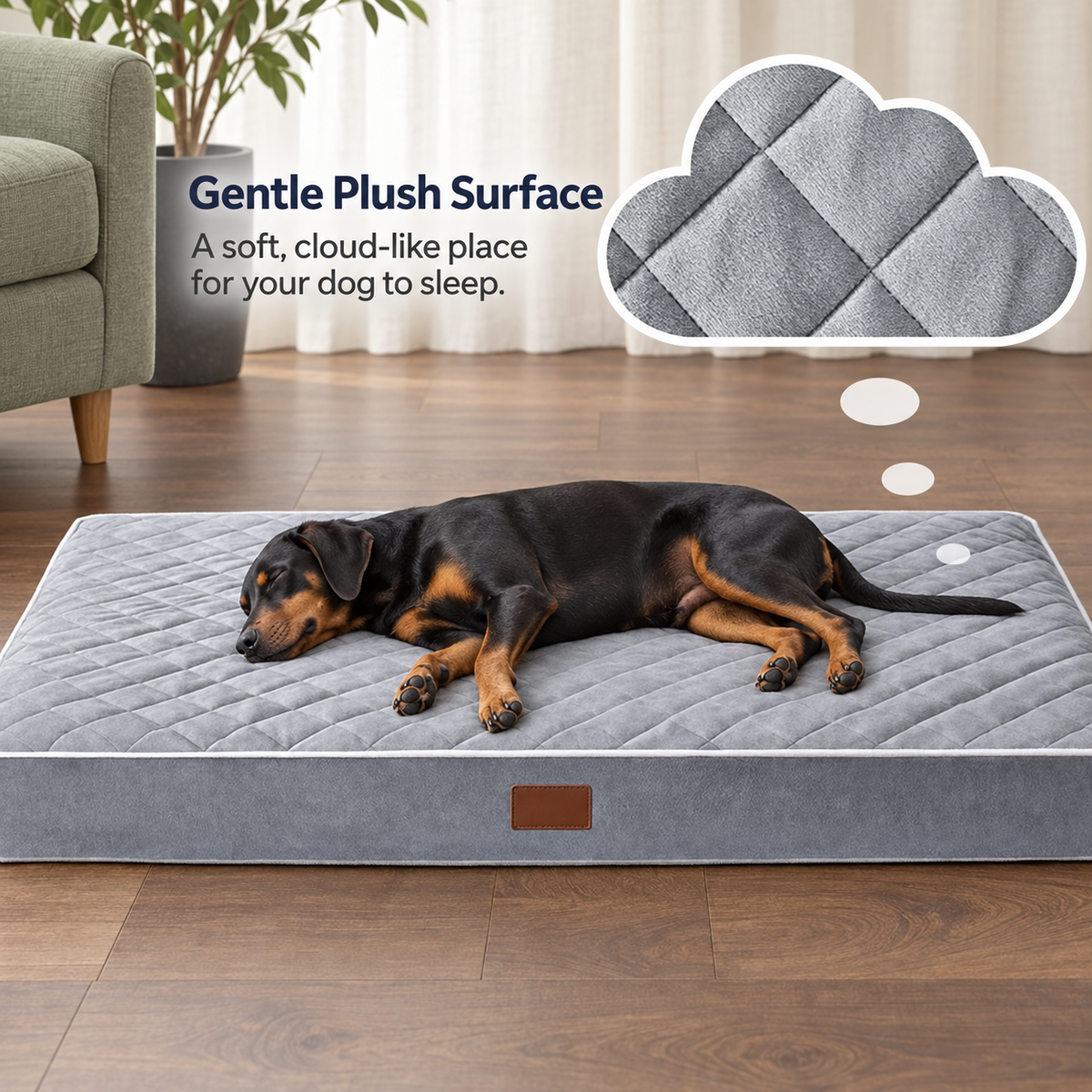 Grey quilted dog bed fabric and care details