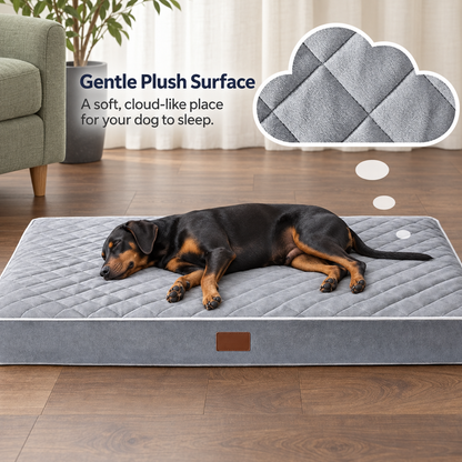 Grey quilted dog bed fabric and care details