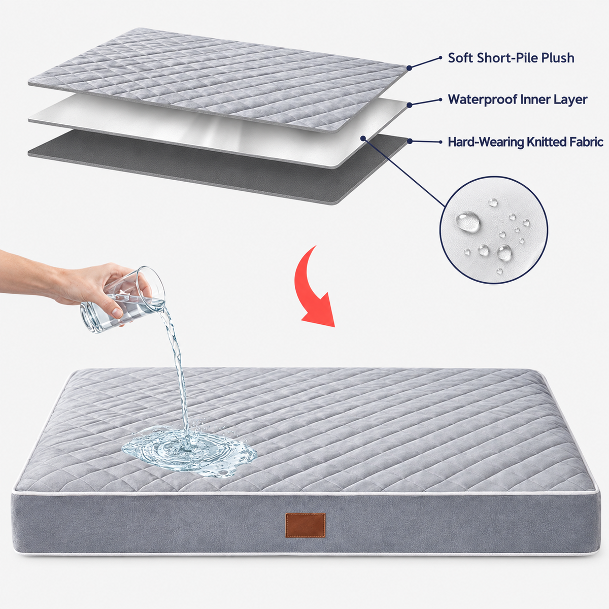 Grey quilted dog bed fabric and care details