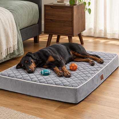Grey quilted orthopaedic dog bed with a resting dog