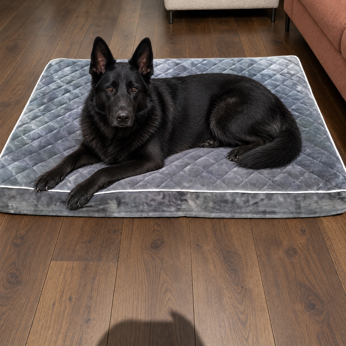 Grey quilted orthopaedic dog bed with a resting dog