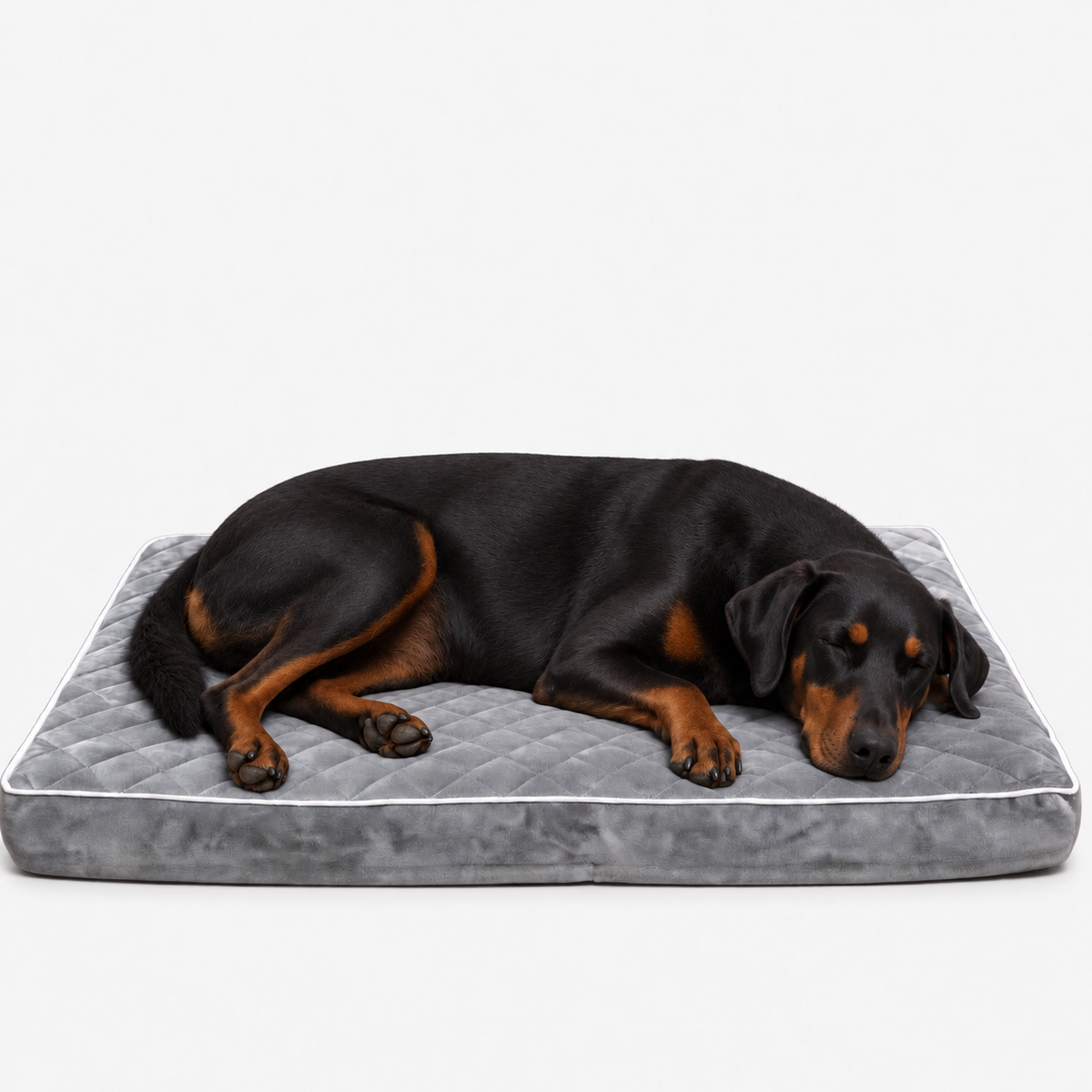 Grey quilted orthopaedic dog bed with a resting dog