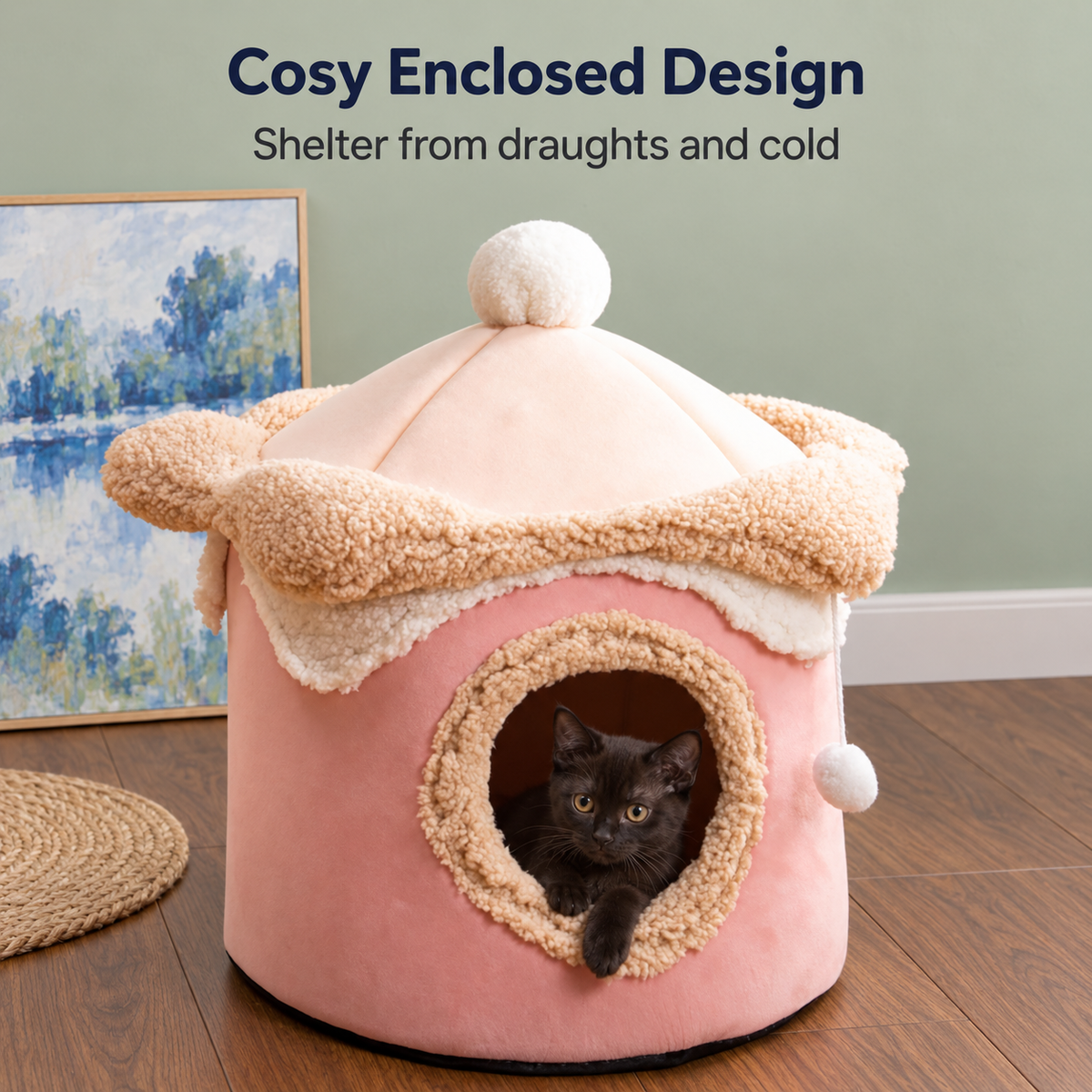 Enclosed cave bed helps shelter pets from cold draughts