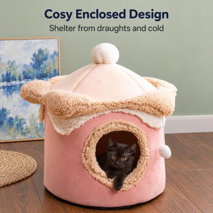 Enclosed cave bed helps shelter pets from cold draughts