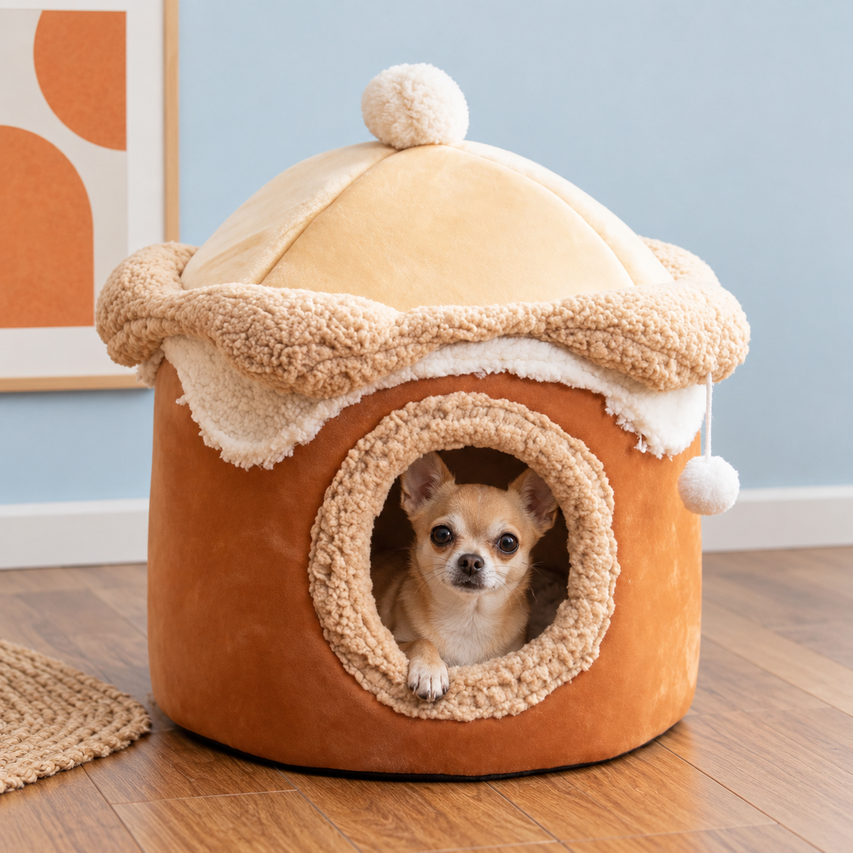 Brown ice cream cave bed with a small tan dog