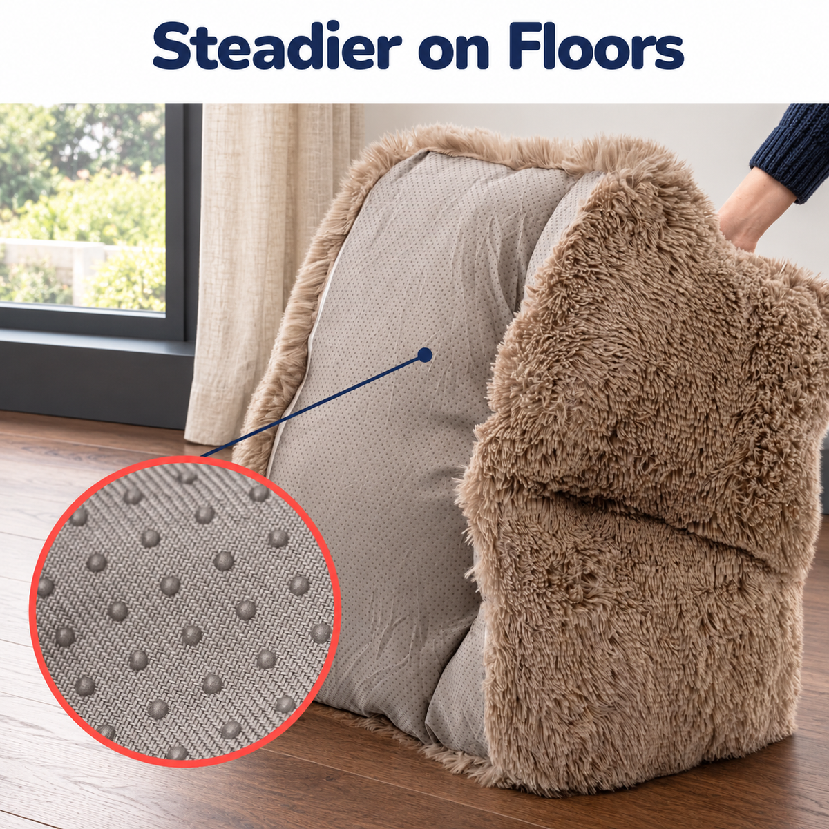 Non-slip dotted underside of plush pet sofa