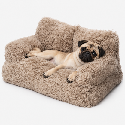 Brown fluffy pet sofa with a resting small dog