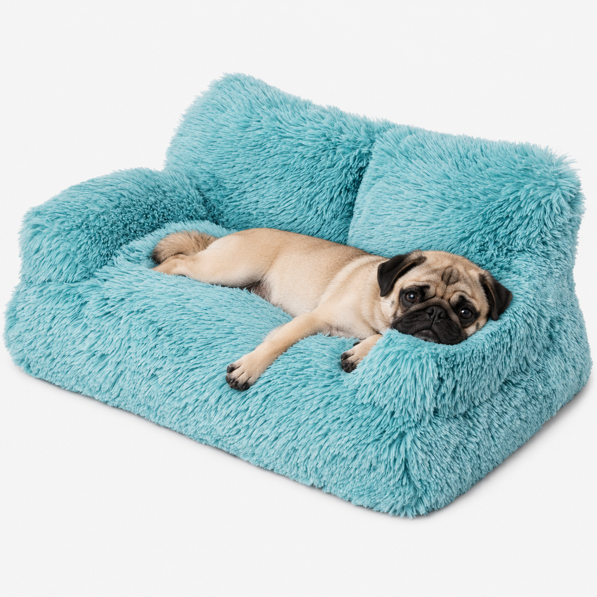 Blue fluffy pet sofa with a resting small dog