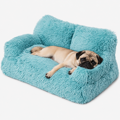 Blue fluffy pet sofa with a resting small dog