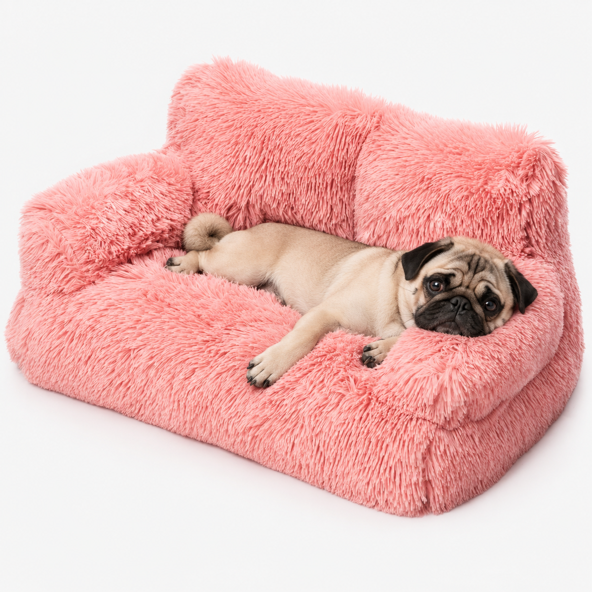 Pink fluffy pet sofa with a resting small dog