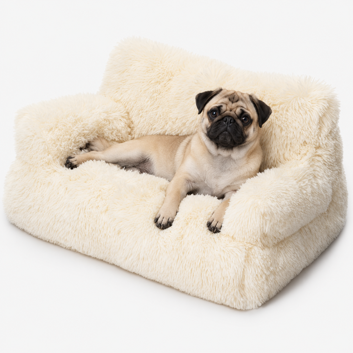 Beige fluffy pet sofa with a small dog