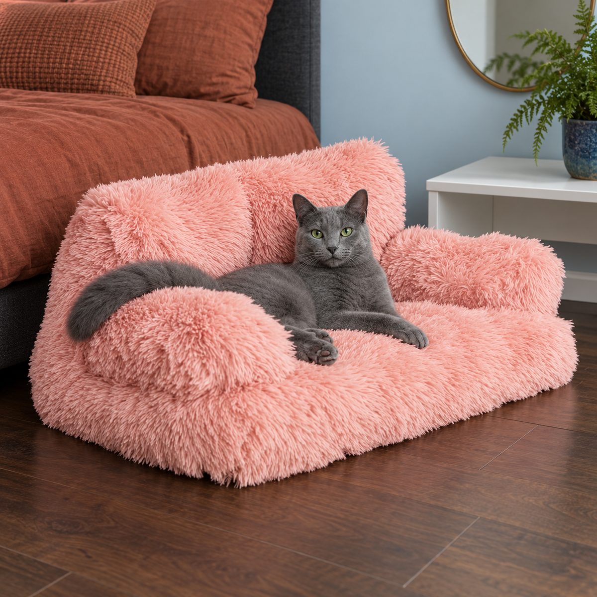 Pink fluffy pet sofa with a cat in a bedroom