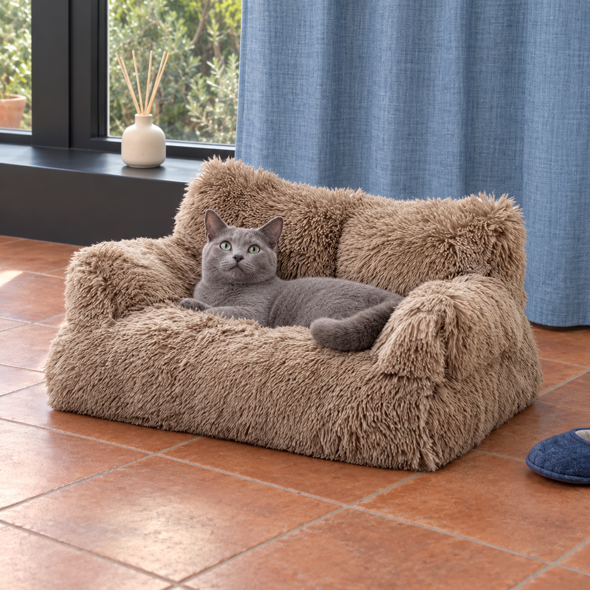 Brown fluffy pet sofa with an alert cat by a window