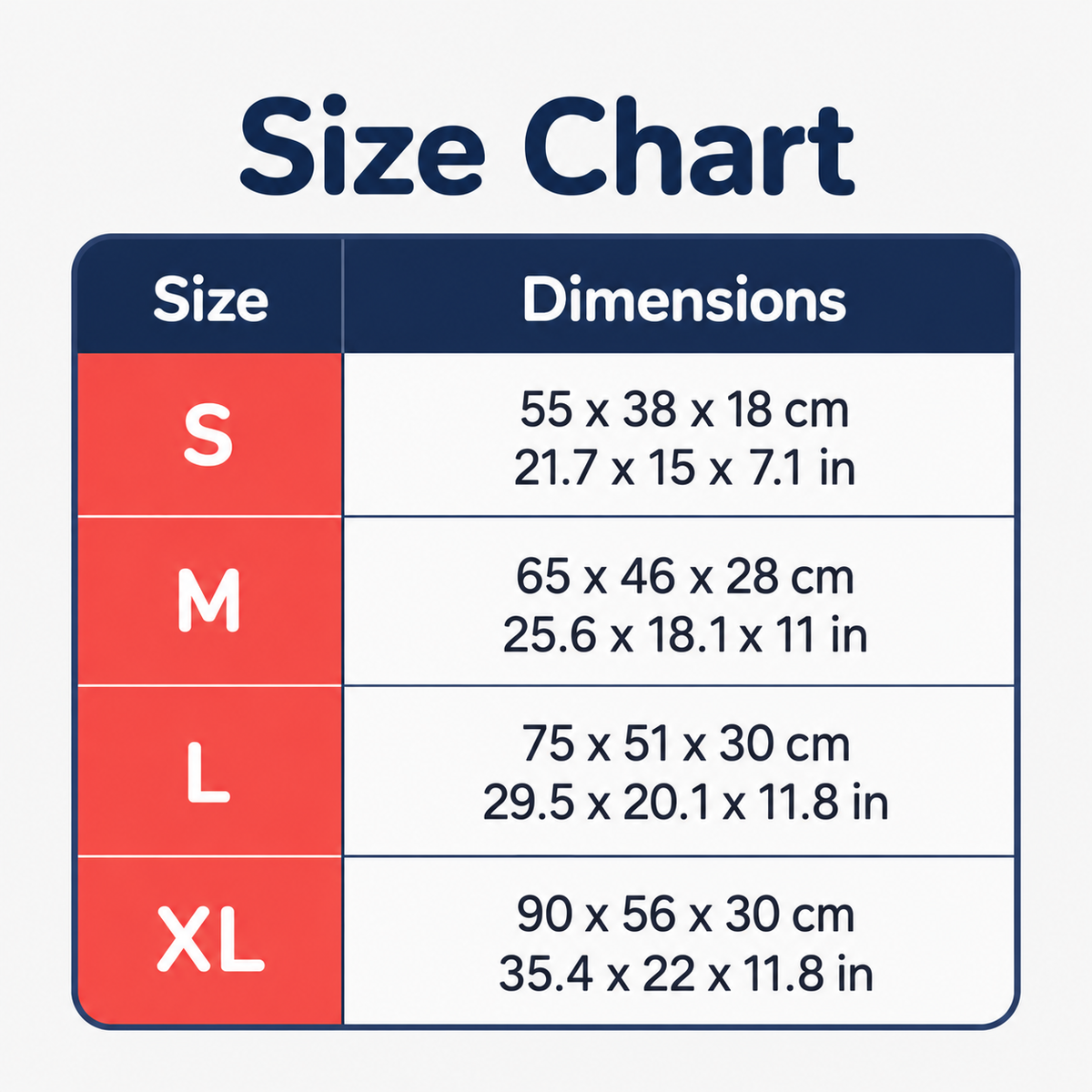 Fluffy plush pet sofa bed size chart, S to XL, centimetres and inches