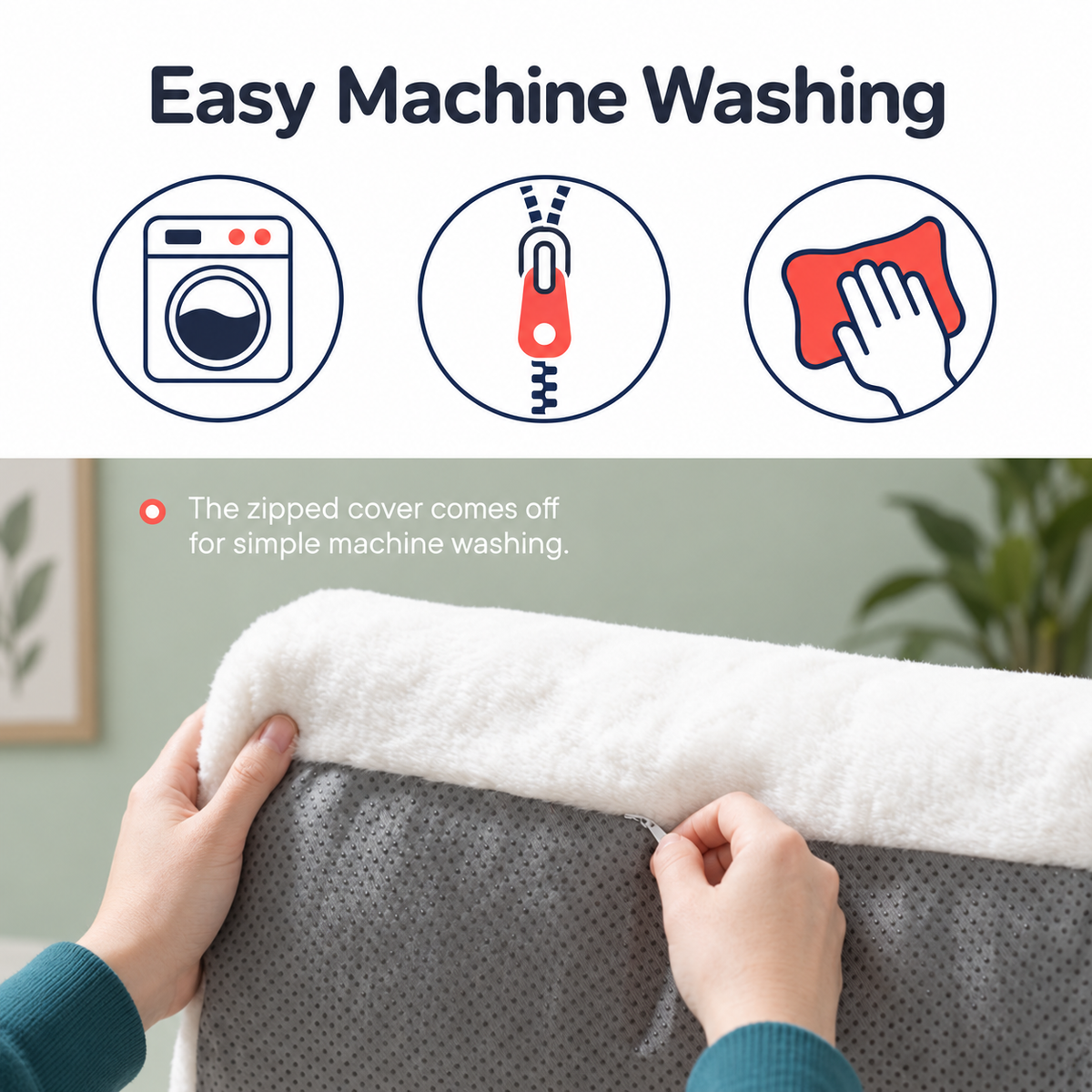 Removable zipped cover for machine washing