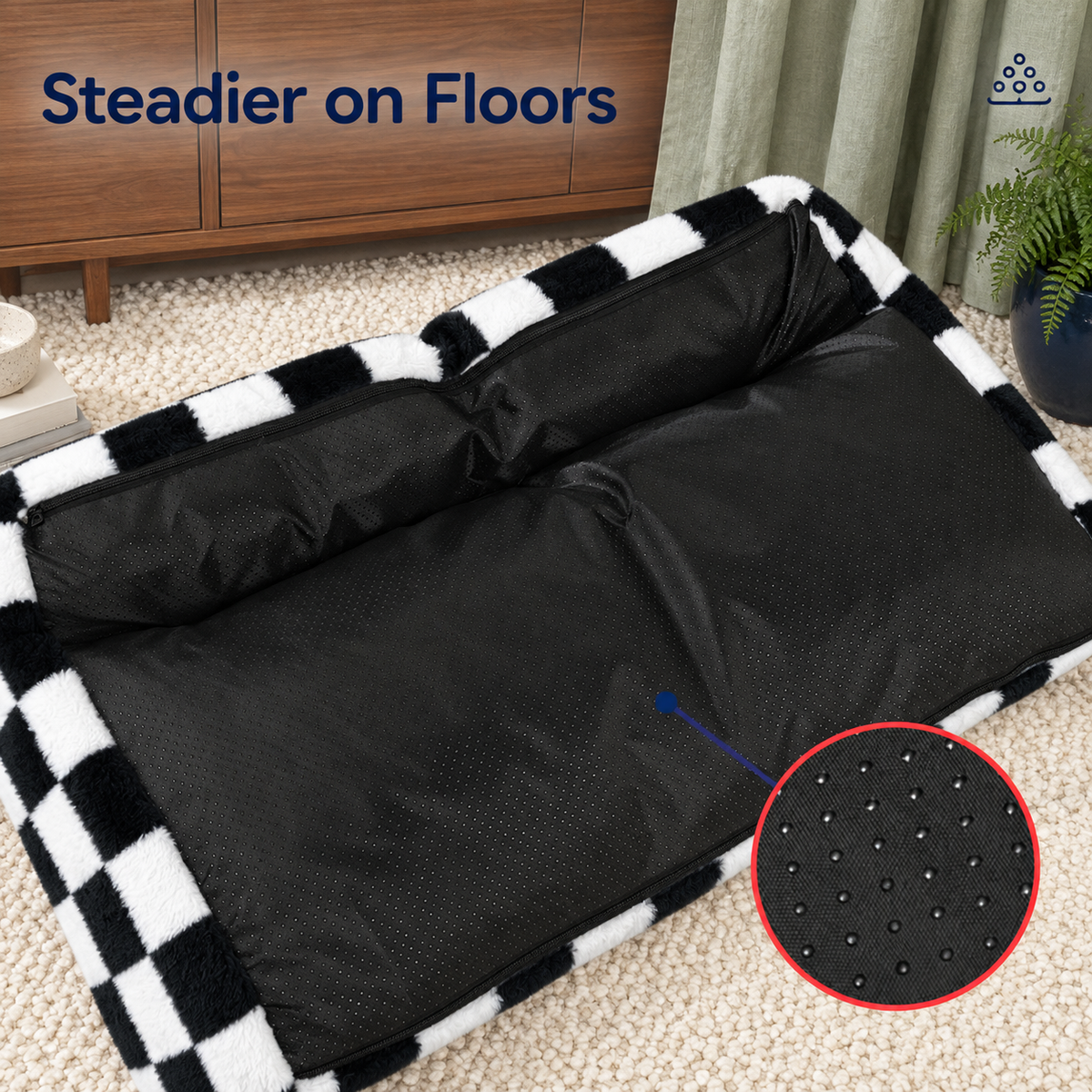 Non-slip underside of the checked pet sofa with a close-up of its grip dots