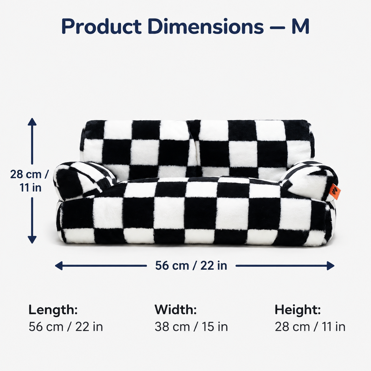 Medium checked pet sofa dimensions: 56 x 38 x 28 cm / 22 x 15 x 11 in